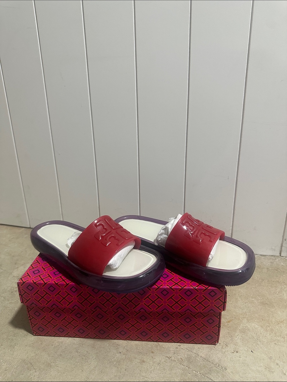Tory Burch Red Slide Sandals with Purple Platform